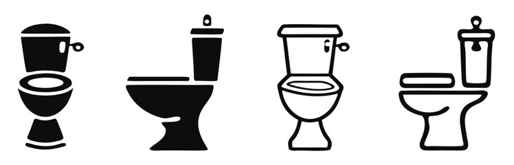 Toilet icon set. Bathroom and restroom sign. Hygiene, sanitation, and plumbing symbol. Flush, seat, and water closet pictogram. Public facility and home utility illustration.