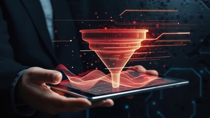 A person holds a tablet displaying a digital funnel, overlaid with data streams