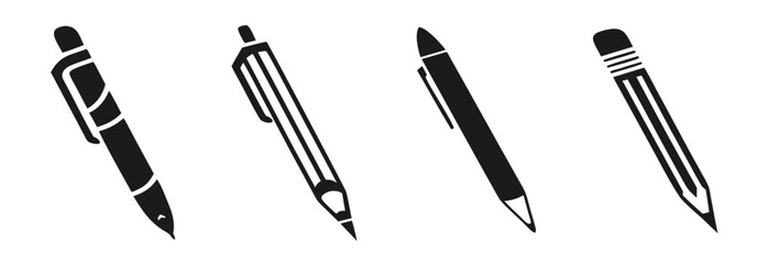 A modern vector icon set featuring pens, pencils, and markers, suitable for writing and drawing designs. 