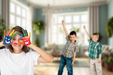 Fototapeta premium Little girl showing painted colorful hands
