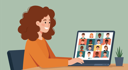 Professional attends virtual team meeting on laptop, flat vector illustration