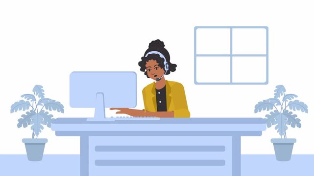 Female Customer Service Call Center Support Agent Representative Helpline Operator Animation Talking Flat Design Seamless Loop 2D Animation