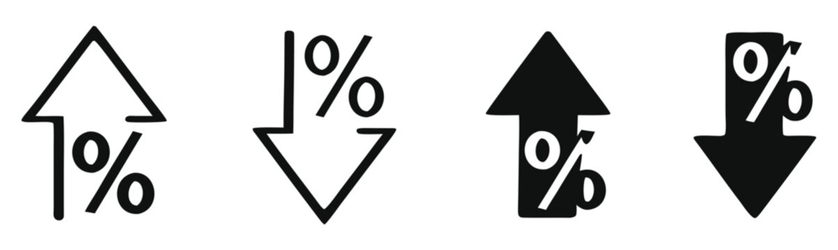 percentage icons, percent arrows icon set . with increase arrow up icon, decrease arrow down icon . profit and lose money vector icons 
