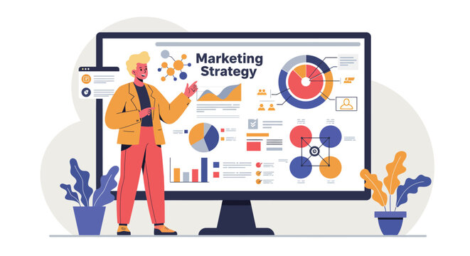 Professional presenting a data driven marketing strategy on a display screen