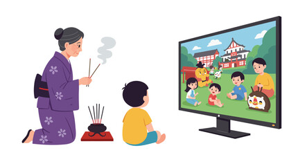 Fototapeta premium Generational culture: Elderly incense offering, child watches animated cartoons