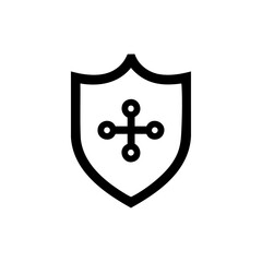 Simple black and white shield icon with a cross-like symbol, representing cybersecurity, data protection, secure software, and strong digital defense identity.