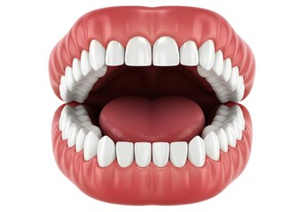 Obraz premium A detailed view of an open mouth with white teeth, pink gums, and a visible tongue on white background