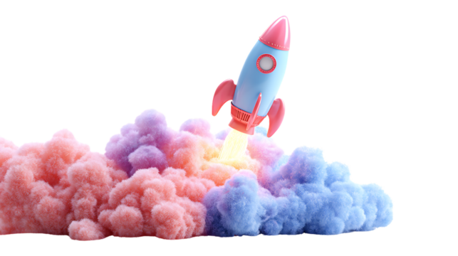 Toy rocket launching with colorful smoke isolated on transparent background