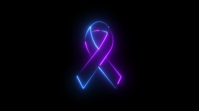 Awareness ribbon icon glowing neon purple and cyan color animation black background Diseases, cancer, medicine neon vector icon.4k motion graphics video .