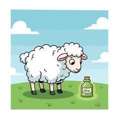 High-Quality Flat Vector Illustration: Curious Sheep and Magical Potion Bottle