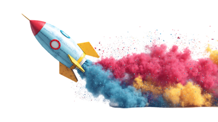 Toy rocket blasting off with colorful smoke isolated on transparent background