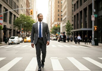Confident businessman in a sharp suit walks purposefully across a busy city street crosswalk bathed in warm sunlight