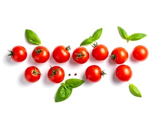 Fresh tomatoes and basil on white background
