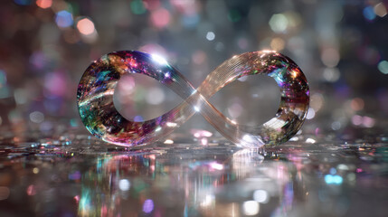 Stunning macro shot of infinity symbol, crafted from shimmering materials, reflecting vibrant colors and intricate details. background features bokeh effect with sparkling lights, creating magical