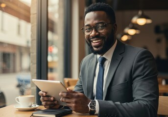 Smiling african american businessman in a suit and tie holding a tablet while sitting at a table in a cafe by the window