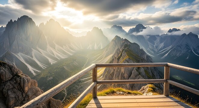 Mountain view from wooden platform with sunlight and clouds creating a scenic landscape - Powered by Adobe