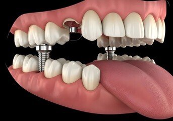 Illustration showing dental implants in upper and lower jaws with a tongue visible below teeth