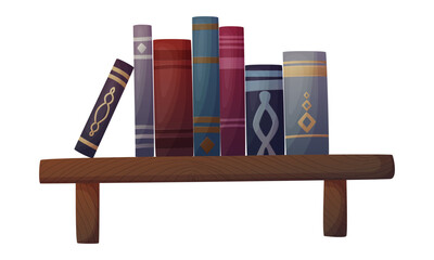 Bookshelf with a collection of colorful books on a wooden shelf