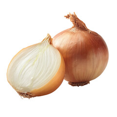 A fresh onion, whole and cut in half, on a transparent background, perfect for product design, culinary blogs, packaging, and advertising materials