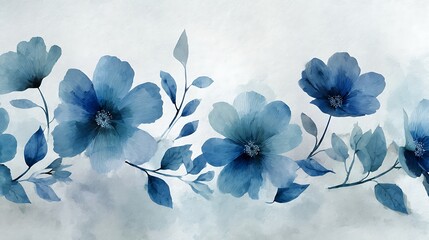 High quality image of watercolor painting of blue flowers and leaves on a white background, floral art.