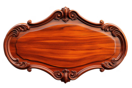 Ornate wooden sign with detailed carvings and elegant design on transparent background