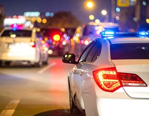 Police car at night in a traffic jam