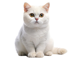 Obraz premium White cat with bright yellow eyes sitting and looking up with transparent background kitten feline cutout PNG isolated on a transparent background