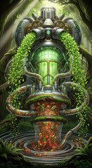 Fototapeta premium Mysterious glowing energy core overgrown with lush green vines in a forest
