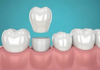 Dental crown procedure showing a tooth prepared for a crown and a crown being placed on it
