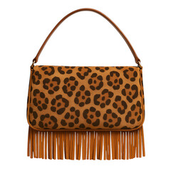Leopard print leather handbag with fringe isolated on transparent background