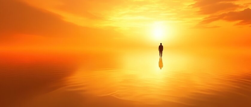 Silhouette person standing calm water vibrant sunset golden hour meditation peace hope