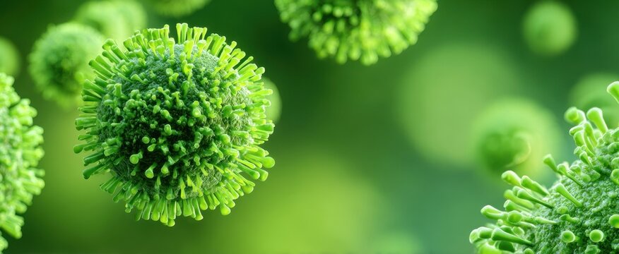 The detailed representation of a green virus in a microscopic view.