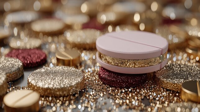 A striking arrangement of colorful pills with a standout pink one at the center, creating an elegant and eye-catching visual