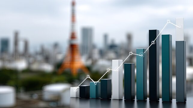 Large green graph represents data trends over an industrial landscape, showcasing technology and energy sectors in a modern setting