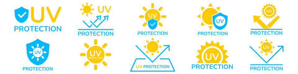 UV protection icon set. UV radiation icon. Ultraviolet symbol. Sun uv protection icons. Vector pictogram of sunscreen spf. Skincare illustration, sign for cosmetics packaging