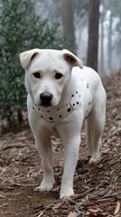 Obraz premium A robotic Dalmatian dog with a sleek design observes the foggy forest from a hill covered in autumn leaves