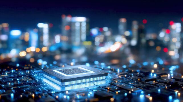 Futuristic microchip sits prominently on circuit board, illuminated by blue lights, with blurred city skyline in background, conveying sense of advanced technology and innovation - Powered by Adobe