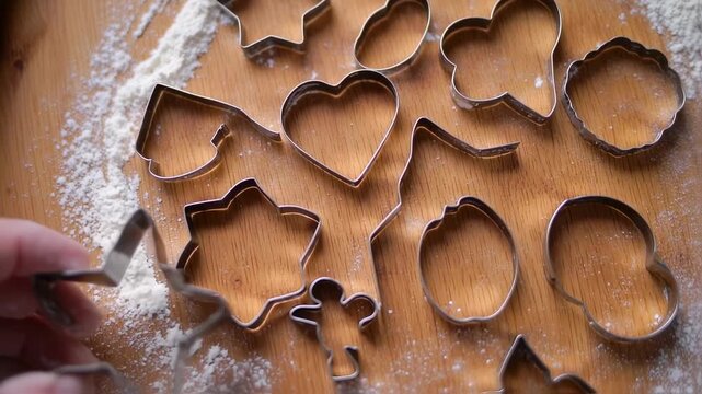 Metal cookie cutters on a wooden surface dusted with flour