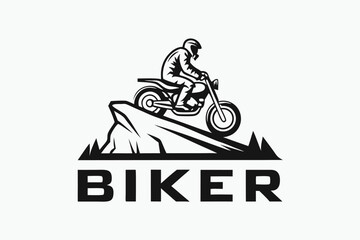 Biker Logo Design with Mountain and Motorcycle Silhouette on White Background © Sonda