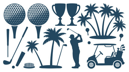 Golf icon collection palm trees player cart trophies golf balls and tees silhouette graphics