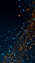 High quality image of abstract vertical background with golden and blue dots and lines pattern.