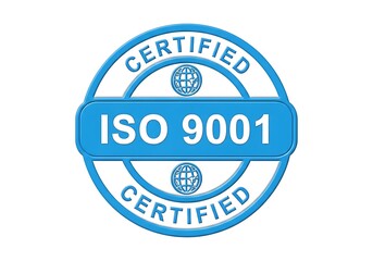 Blue ISO 9001 Certified emblem with globes and white text badge
