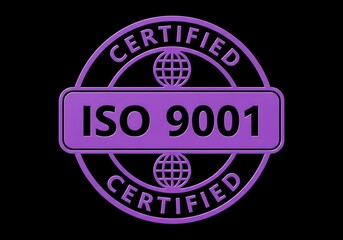 Purple ISO 9001 Certified Emblem with Globes on Black Background image