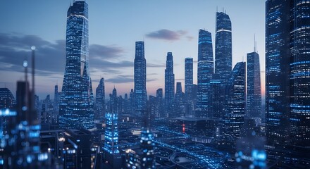 Aerial view of a futuristic cityscape with tall buildings illuminated at dusk under a cloudy sky