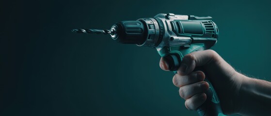 The powerful electric drill held in a hand against a dark background.