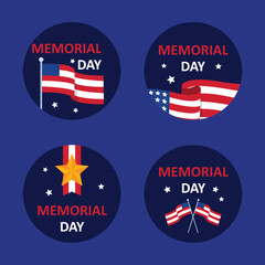 Memorial day circular badges with american flags and stars