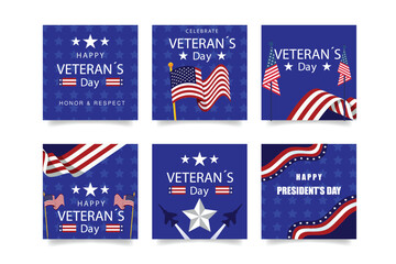 Collection of six veterans day graphic designs with american flags and text