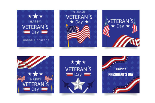Collection of six veterans day graphic designs with american flags and text