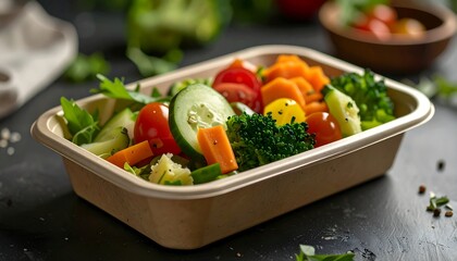 Fresh vegetable salad in a brown disposable container