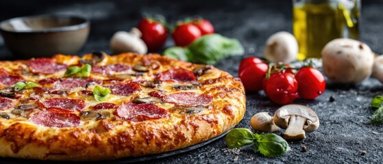 The delicious pepperoni pizza with fresh ingredients and herbs on a rustic table.